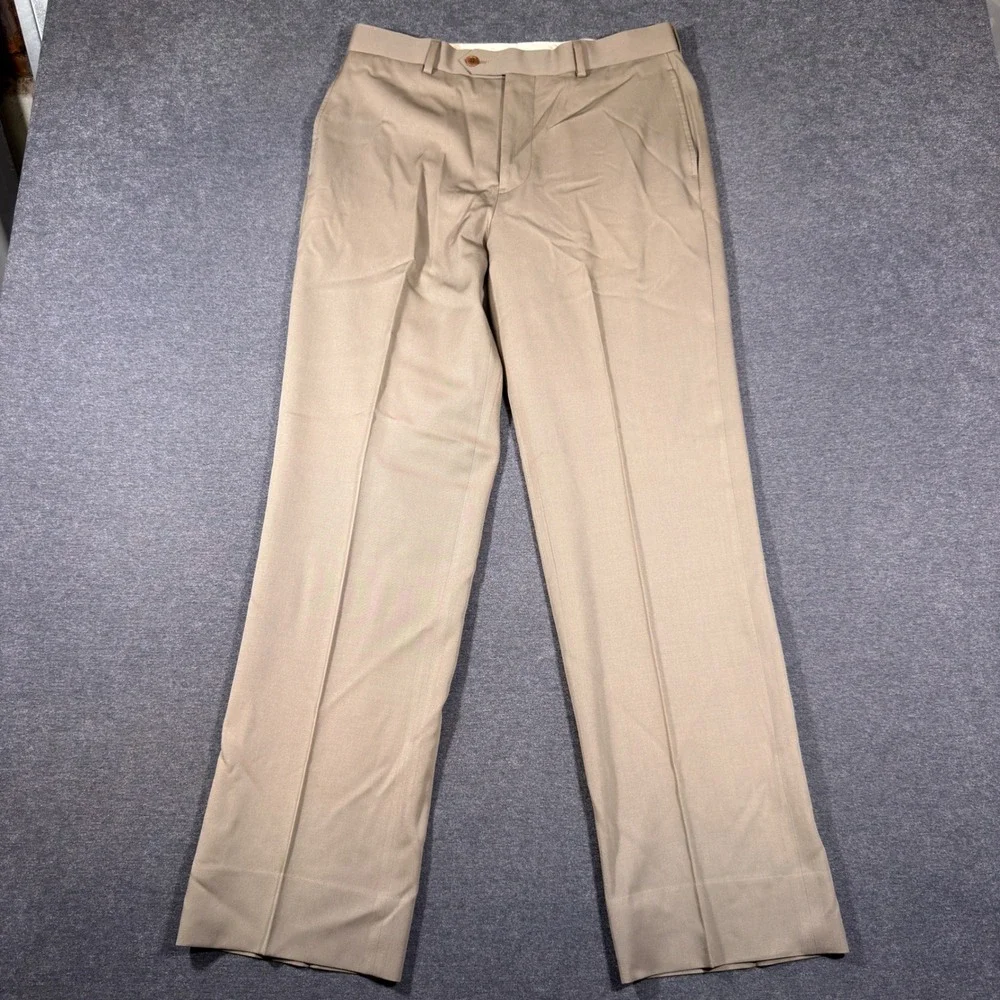 Brooks Brothers Madison Dress Pants Mens 33x32 Tan 100% Wool Flat Front Academia